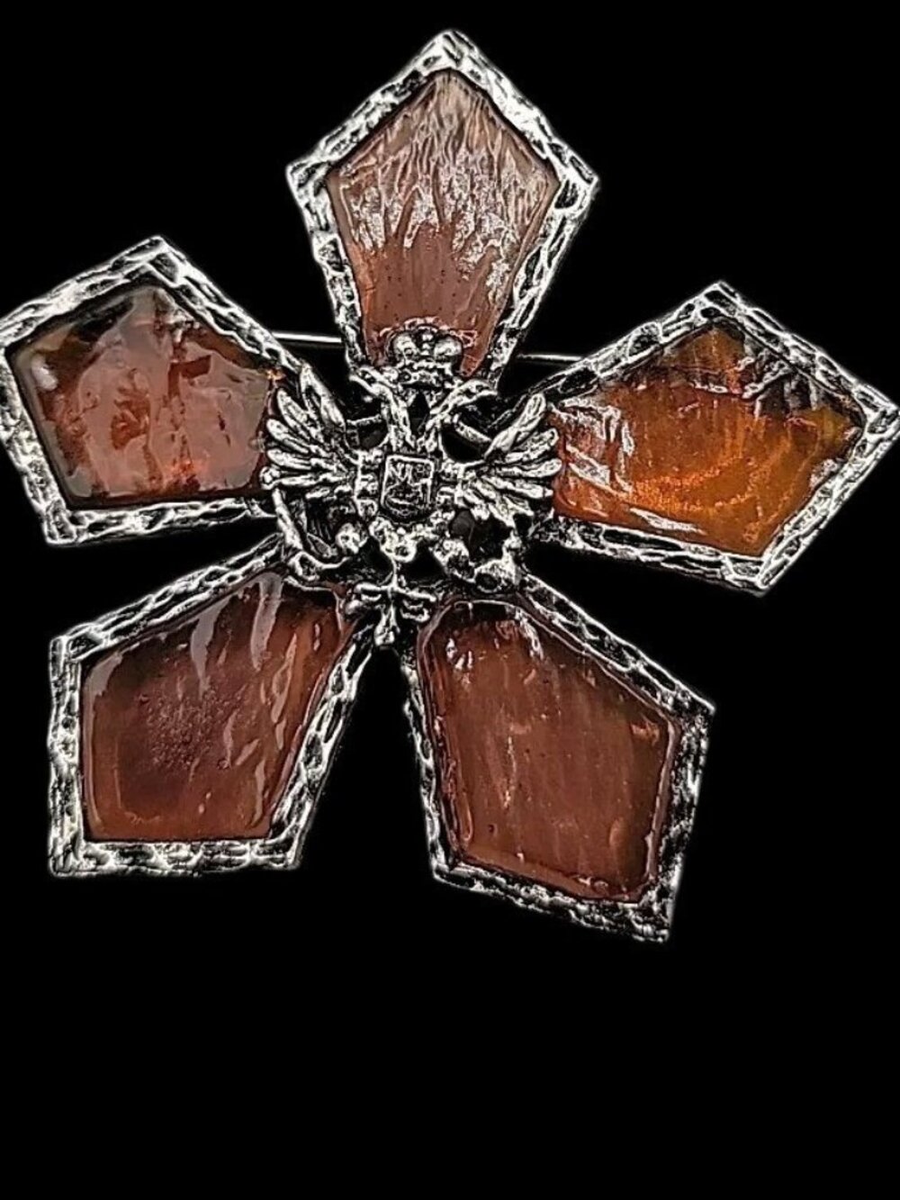 CORO Venetian Light Brooch Silver Tone Poured Brown Glass VTG HERALDIC STAR